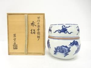 巽窯造　染付　山水雲鶴銅〆　水指